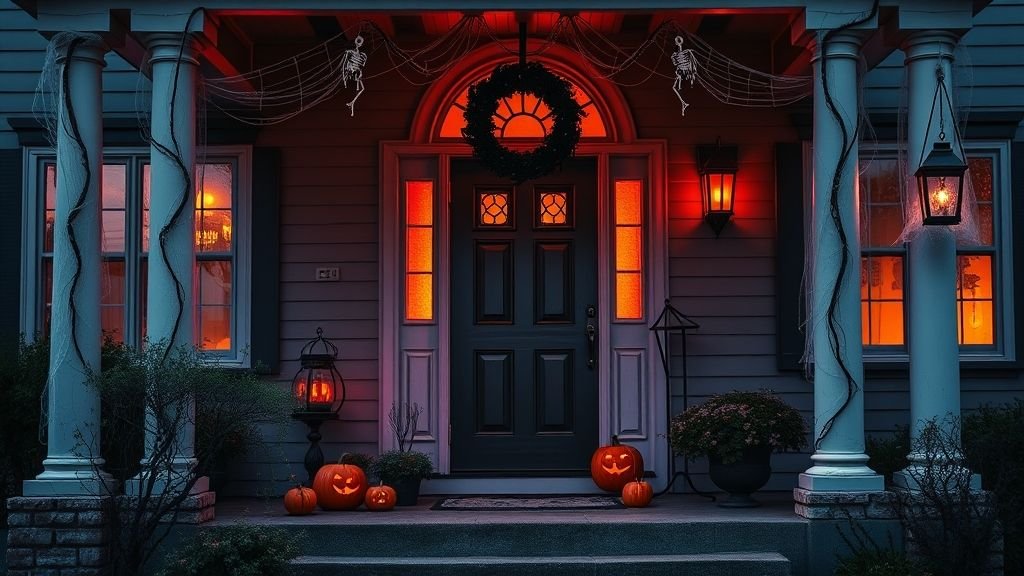 Halloween Outdoor Decoration Ideas for a Spooky Home 2 Haunted front porch with skeletons, cobwebs, and lanterns glowing in purple and orange.