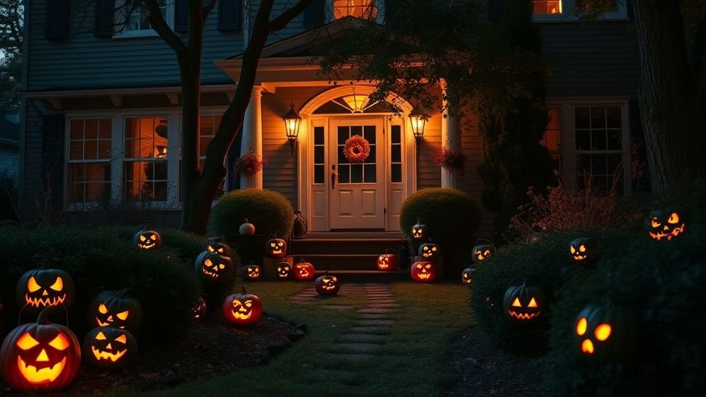 Halloween Outdoor Decoration Ideas for a Spooky Home 14 Halloween yard with flickering lanterns and glowing eyes peeking from bushes.
