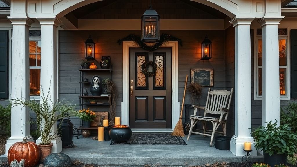 Halloween Outdoor Decoration Ideas for a Spooky Home 10 Witch-themed Halloween porch with cauldron, lanterns, and spooky decorations.