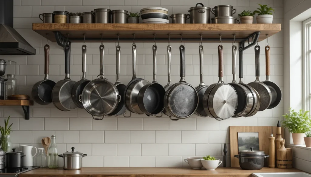 Kitchen Organization Ideas for a Beautiful and Functional Home 8 Kitchen with pots and pans hanging on a stylish rack for a professional organized look.
