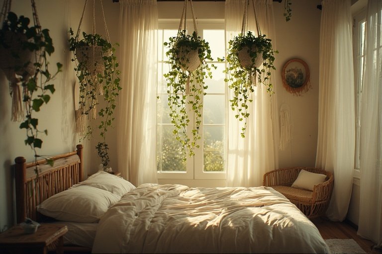 Modern Plant Lover Bedroom Ideas for a Serene Escape 5 Bedroom with macramé hanging planters and rattan furniture creating a lush look.
