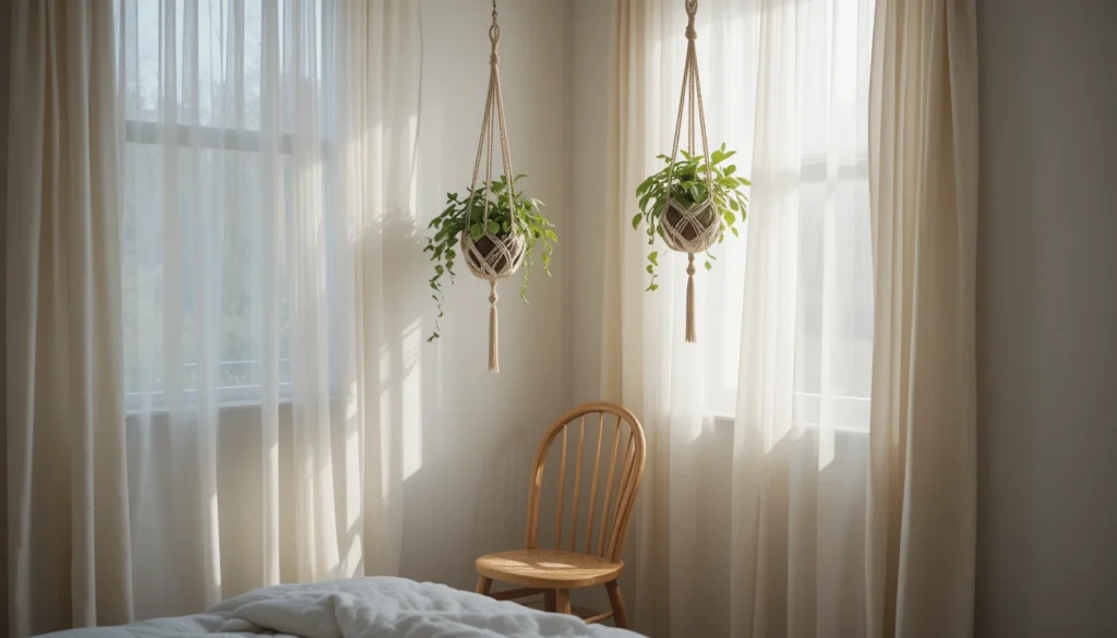 16 Dreamy Plant Lover Bedroom Ideas to Inspire Natural Decor 4 Bedroom corner with hanging macramé planters and natural sunlight through sheer curtains.