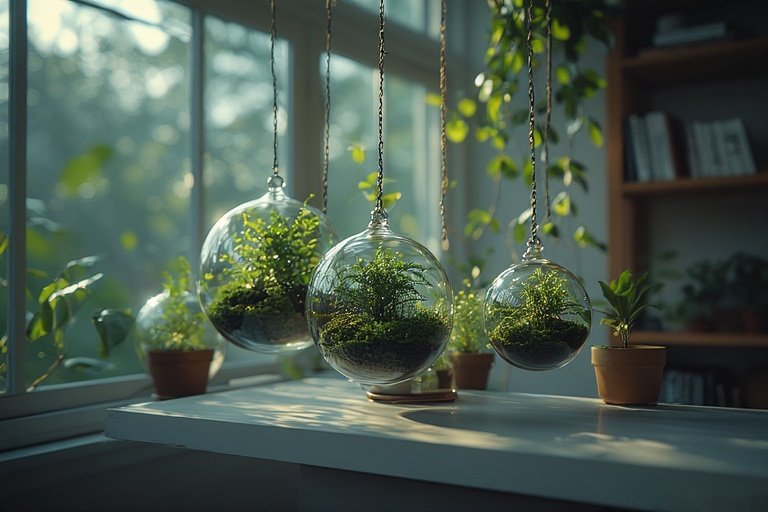 Modern Plant Lover Bedroom Ideas for a Serene Escape 12 Modern bedroom featuring hanging glass terrariums with air plants and moss.