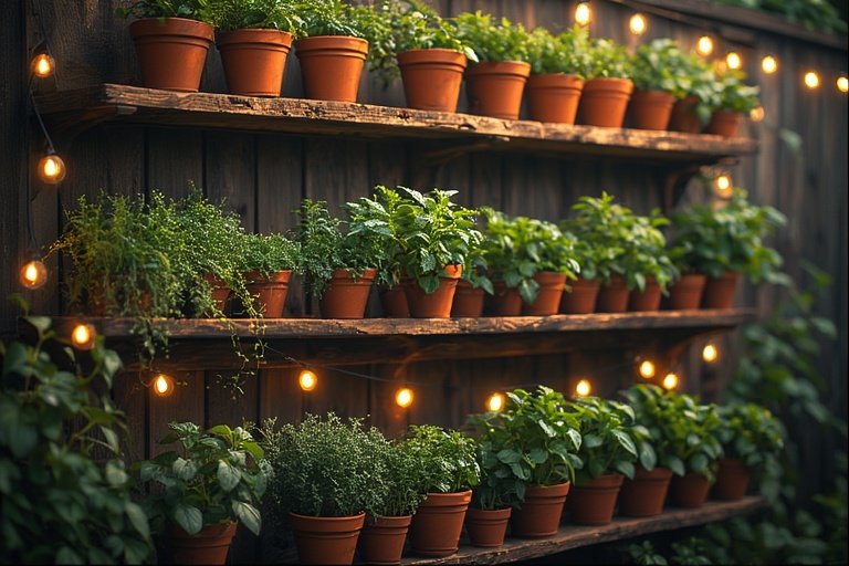 16 Creative DIY Ideas for a Modern Home Garden 8 Hanging wooden shelves with herb pots and soft lighting in a garden.