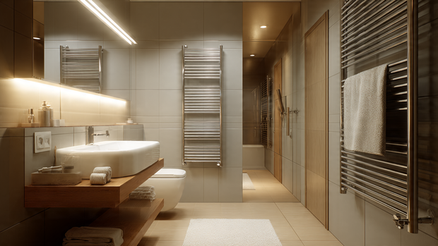 16 Luxurious Bathroom Design Ideas for a Spa-Like Retreat 13 Bathroom with heated floors and towel rack for added luxury and comfort.