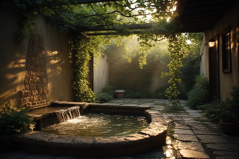 Backyard Water Features for a Tranquil Outdoor Escape 16 Secluded backyard courtyard with a stone water basin and cascading vines