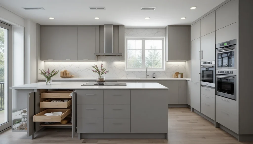Modern Kitchen Design for Stylish Functional Living 8 Minimalist gray kitchen with hidden storage, pull-out drawers, and concealed appliances.