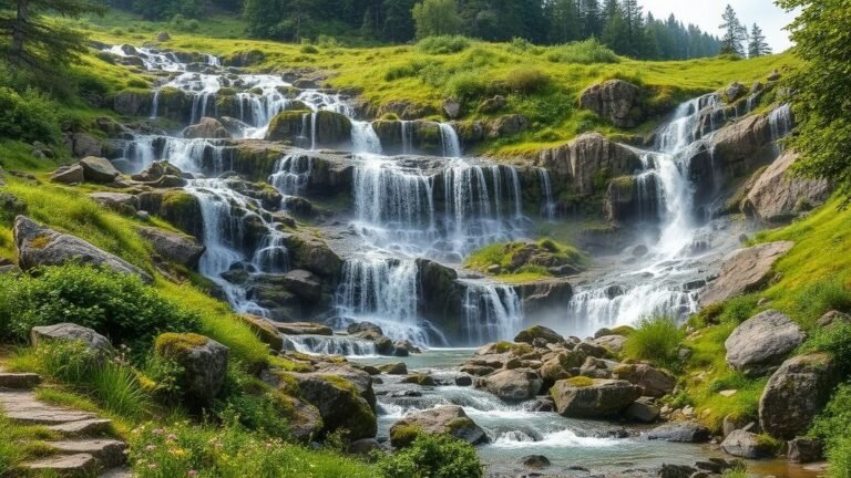 Cascading natural stone waterfall on a green hillside surrounded by rocks, moss, and wildflowers under daylight