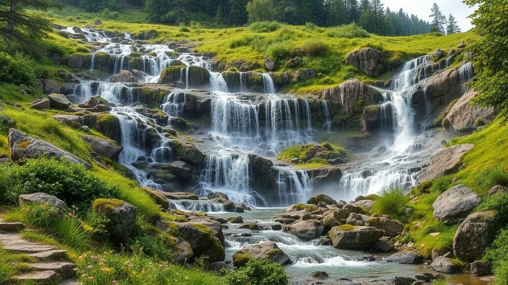 Cascading natural stone waterfall on a green hillside surrounded by rocks, moss, and wildflowers under daylight