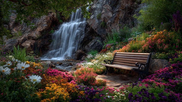 16 Natural Stone Waterfall for Hillside Beauty and Relaxation 11 Cozy seating near a natural hillside waterfall surrounded by blooming plants.