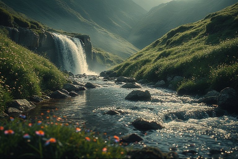 Waterfall Ideas for Hillside Landscapes 10 Hillside waterfall flowing into a small stream through grassy landscape.