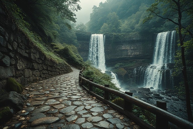 Waterfall Ideas for Hillside Landscapes 9 Stone pathway with viewing points beside hillside waterfall and wooden railings.