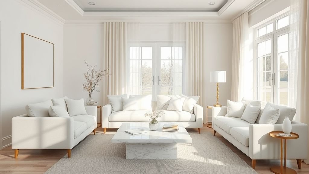 Home Decor Ideas for a Stylish and Inviting Space 2 Elegant white and cream-toned living room with marble table, linen sofa, and gold accent décor.
