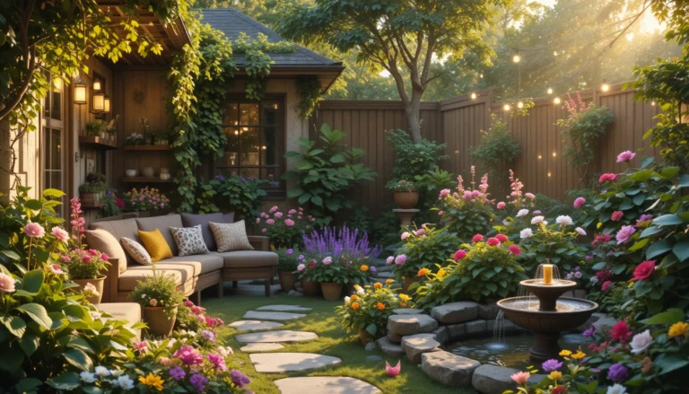 Peaceful home garden with colorful flowers, wooden seating, string lights, and a stone pathway surrounded by lush greenery.