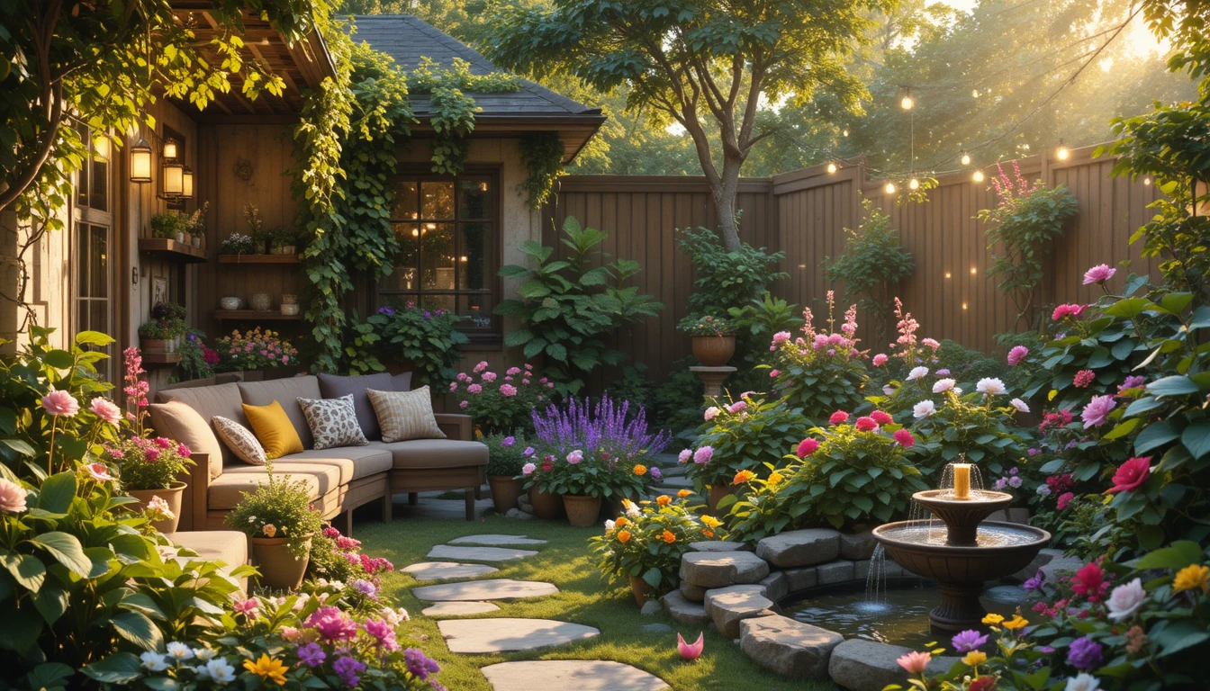 Peaceful home garden with colorful flowers, wooden seating, string lights, and a stone pathway surrounded by lush greenery.