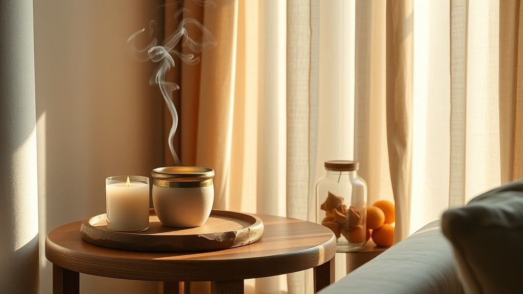 Cozy Home Interiors That Speak Emotion and Style 7 Warm home décor setup with candle, incense, and dried orange peels on a wooden table under soft sunlight, creating a cozy aromatic atmosphere.