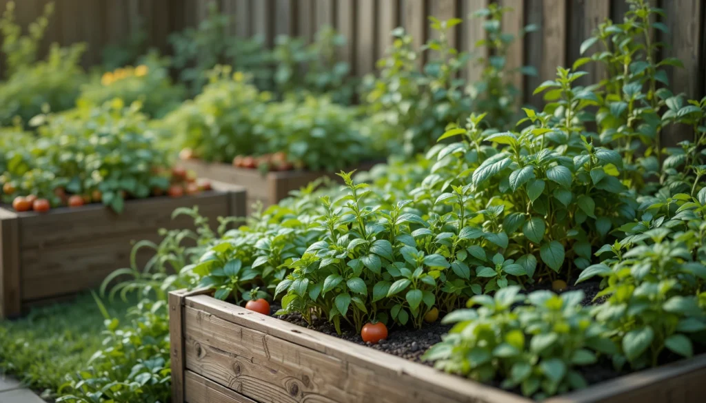 Home Garden Ideas for a Beautiful and Peaceful Outdoor Space 7 Raised garden beds filled with herbs and vegetables like basil, tomatoes, and spinach.