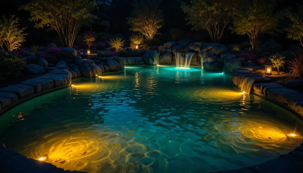 Backyard Water Features for a Serene Outdoor Escape 10 Backyard pond lit with LED lights and lanterns creating a magical nighttime scene.