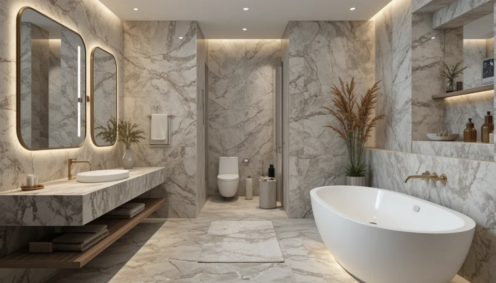 Luxury Bathroom & Shower Design Ideas 4 Luxury bathroom with natural stone accents, marble surfaces, and warm lighting.