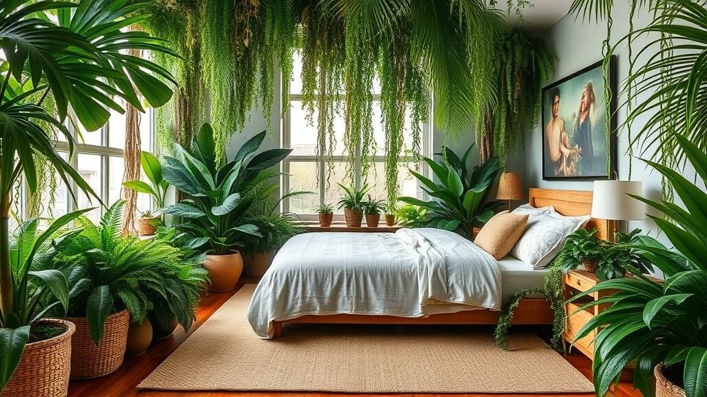 Plant Lover Bedroom Ideas: Bring Nature Into Your Sleep Sanctuary 7 Bedroom filled with monstera and ferns creating a lush, jungle-inspired retreat.