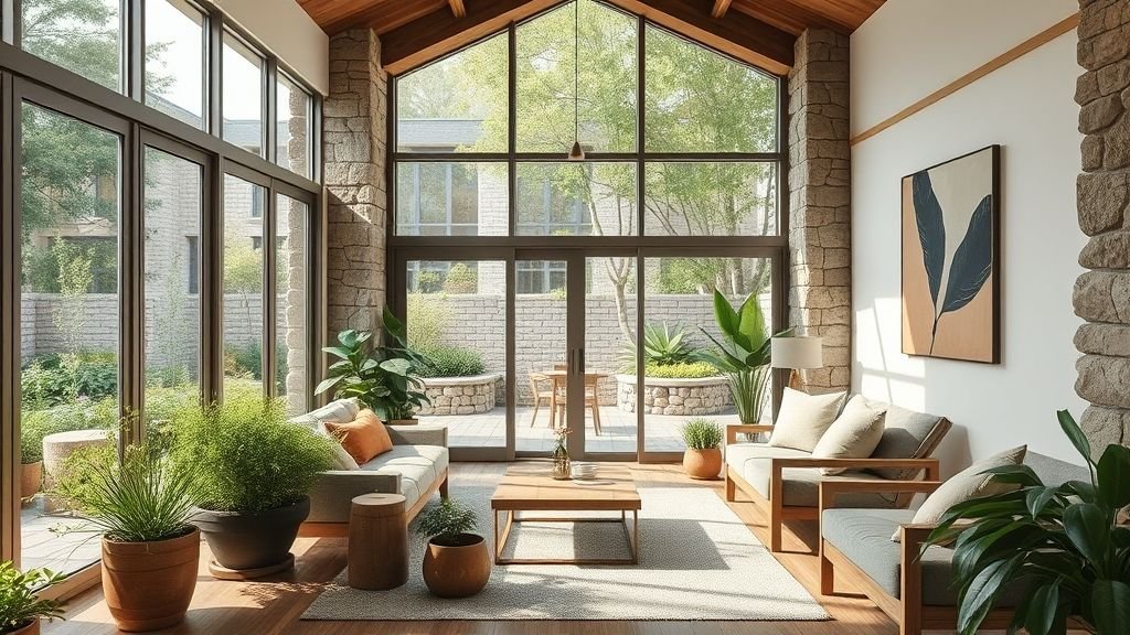 Cozy Home Interiors That Speak Emotion and Style 10 Natural home interior with wooden furniture, stone accents, and large windows connecting to greenery.