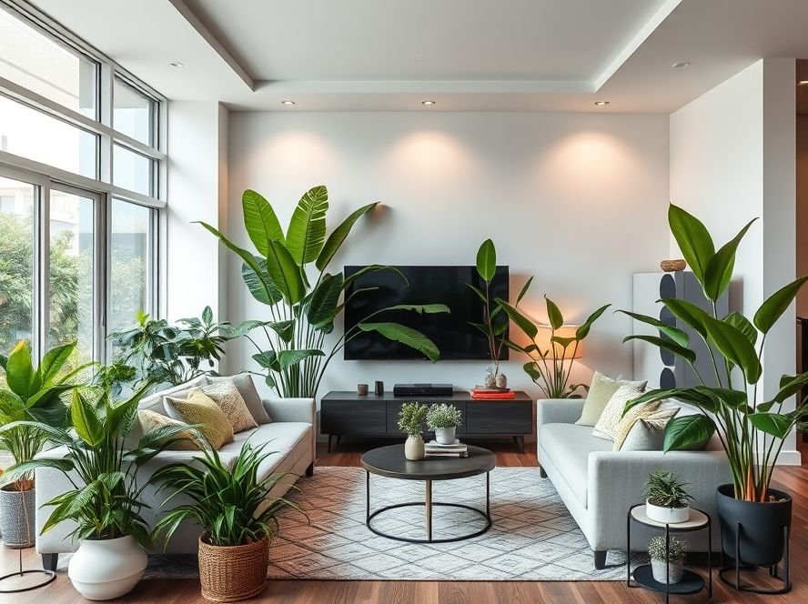 Modern Living Room Designs: Stylish Ideas for a Contemporary Home 10 Modern living room featuring indoor plants that bring freshness and greenery.