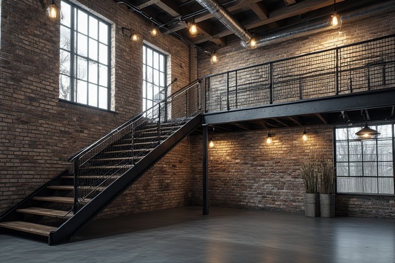 Staircase Design Ideas to Transform Your Home 6 Industrial staircase with black steel frame, mesh railings, and exposed brick walls.