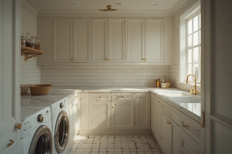 Laundry Room Ideas for Organized and Stylish Living 4 Minimalist white laundry room with marble countertop and gold fixtures.