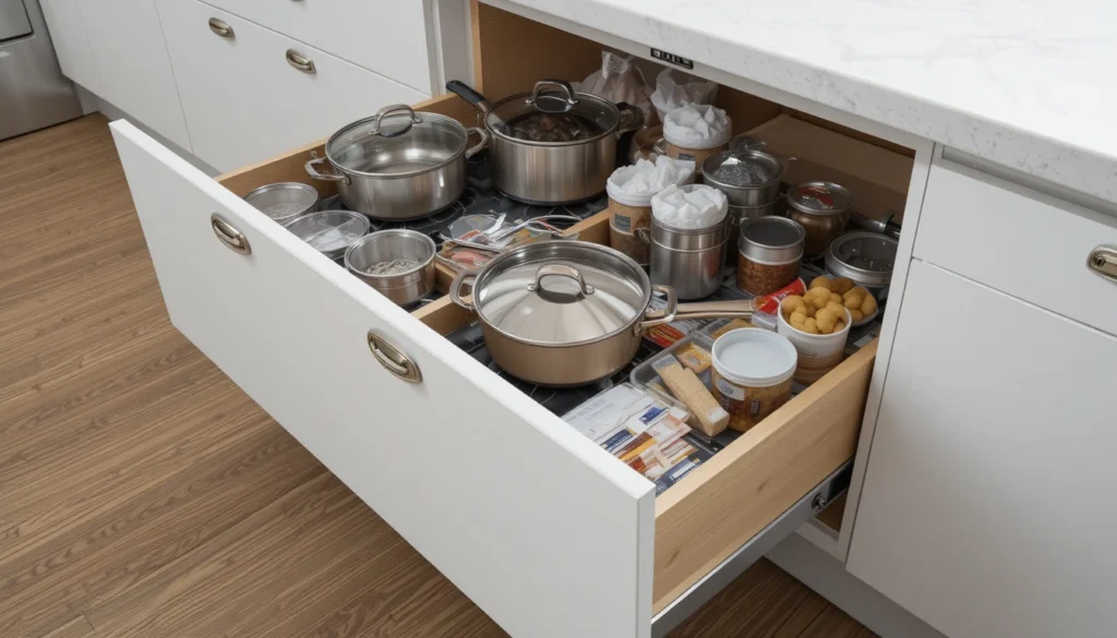 Kitchen Organization Ideas for a Beautiful and Functional Home 5 Modern kitchen pull-out drawers providing easy access to cookware and utensils.