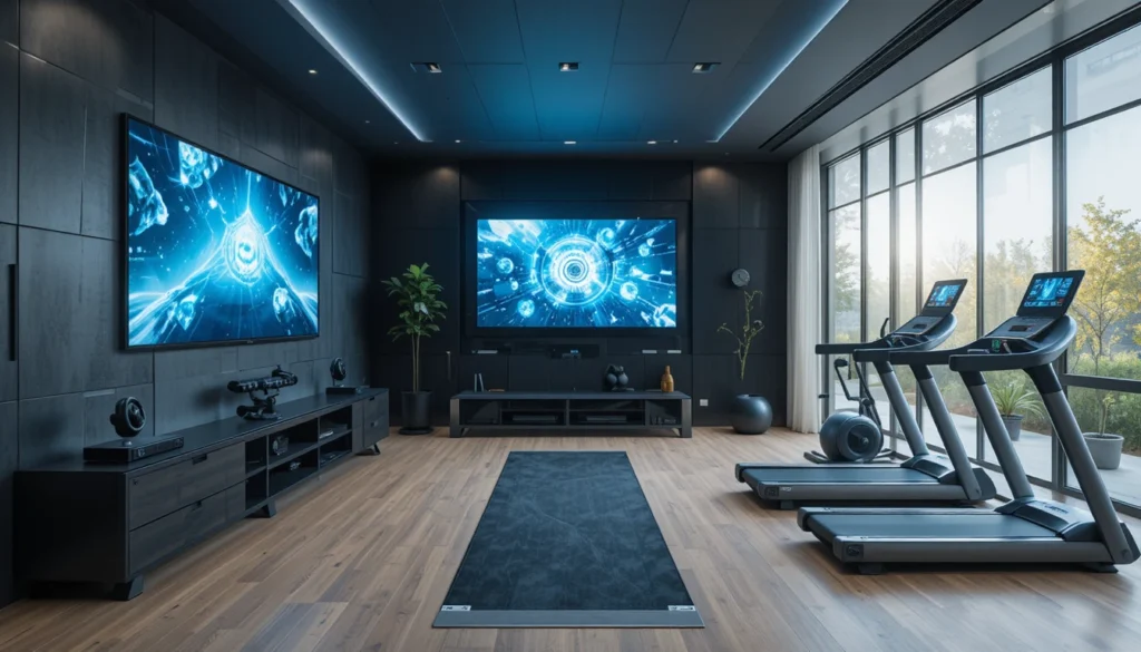 Gym Decor Ideas for Home 10 Smart home gym with integrated technology, wall screens, and wireless fitness equipment.