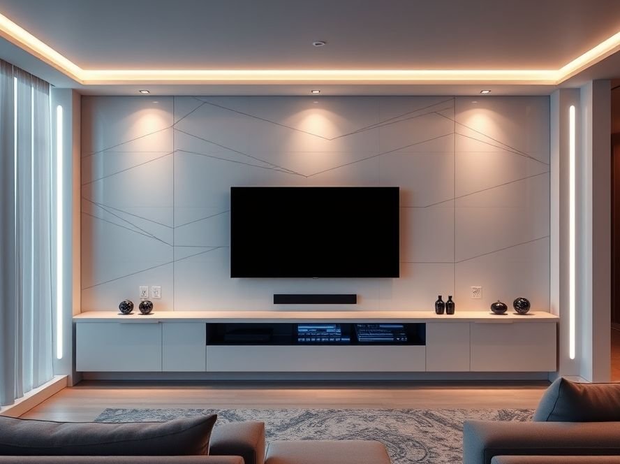 Modern Living Room TV Wall Ideas 11 TV wall with integrated lighting creating a modern ambient glow.