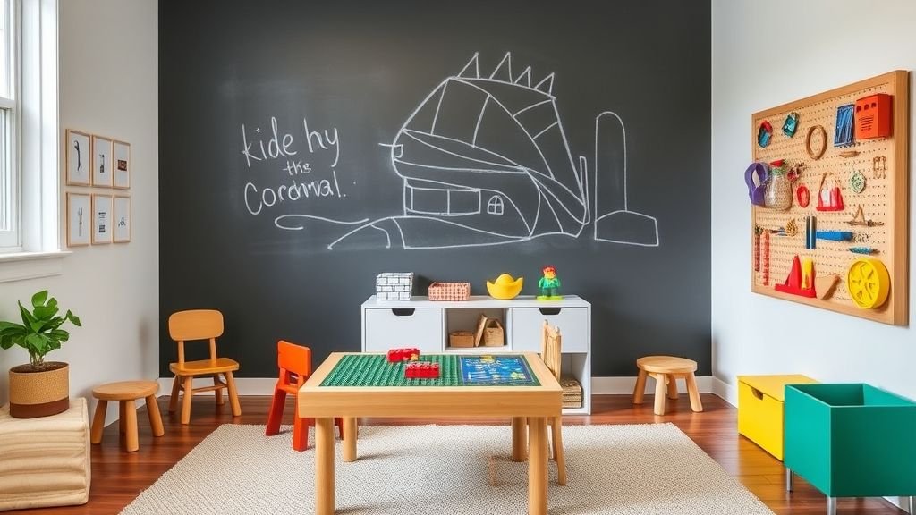 Kids’ interactive room with chalkboard wall and LEGO table.