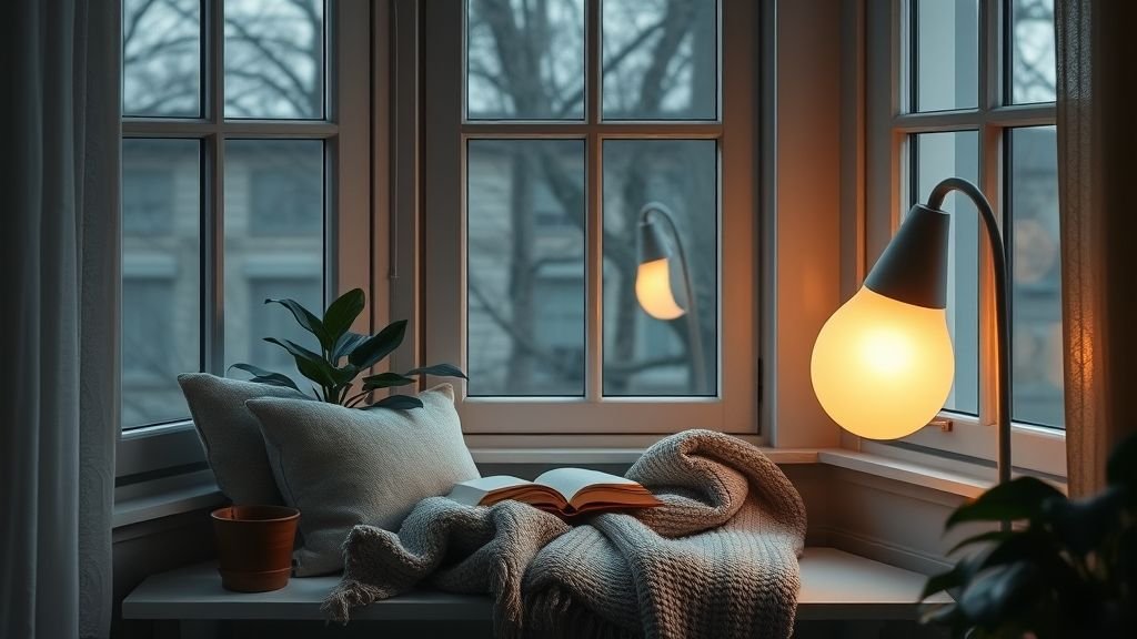 Cozy Home Interiors That Speak Emotion and Style 8 Cozy reading corner with soft cushions, potted plant, and warm floor lamp near a window.