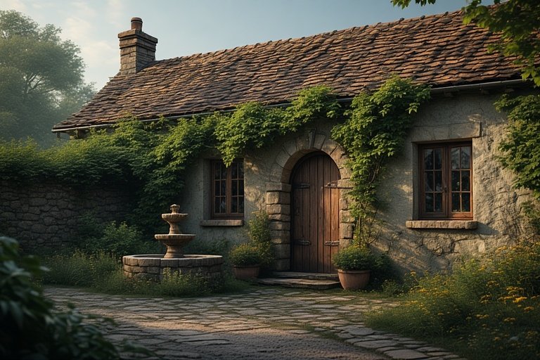 16 Timeless Cottage Decor Ideas to Warm Up Your Space 16 Ivy-covered cottage exterior with a wooden arched door and small stone fountain.