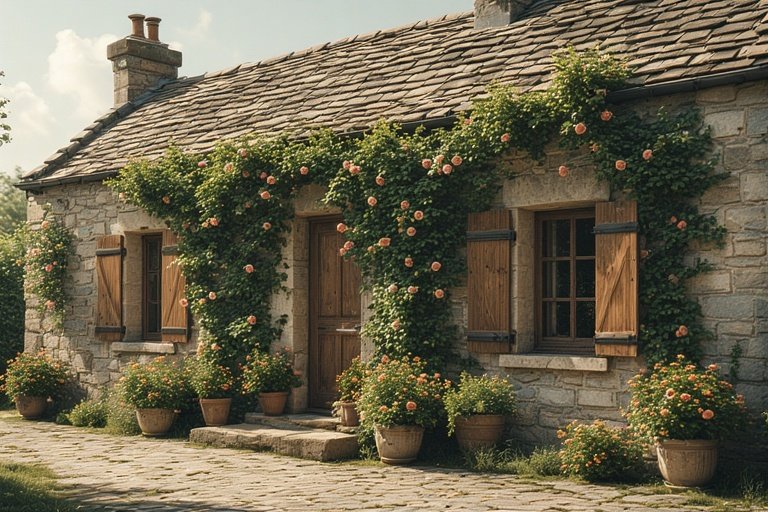 16 Timeless Cottage Decor Ideas to Warm Up Your Space 2 Rustic stone cottage covered in ivy and roses with wooden shutters.