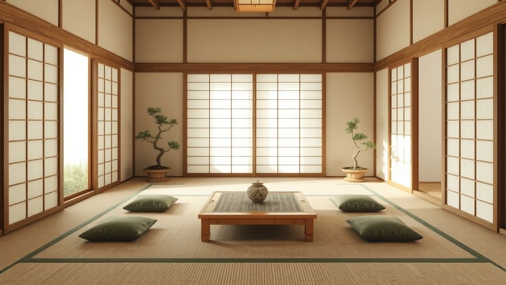 Floor Seating Ideas for a Cozy and Stylish Space 3 A minimalist Japanese-style seating area with tatami mats, low table, and olive green cushions.