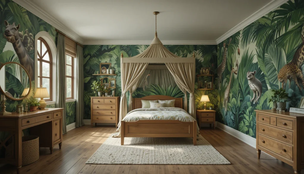 Jungle-themed kids’ room with animal murals, green décor, and safari-style canopy bed.