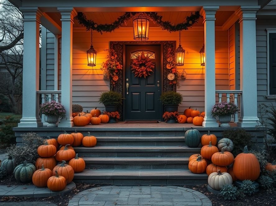 Halloween Porch & Outdoor Decorations 11 Safe and inviting Halloween porch with clear pathways, pumpkins, and warm lighting.