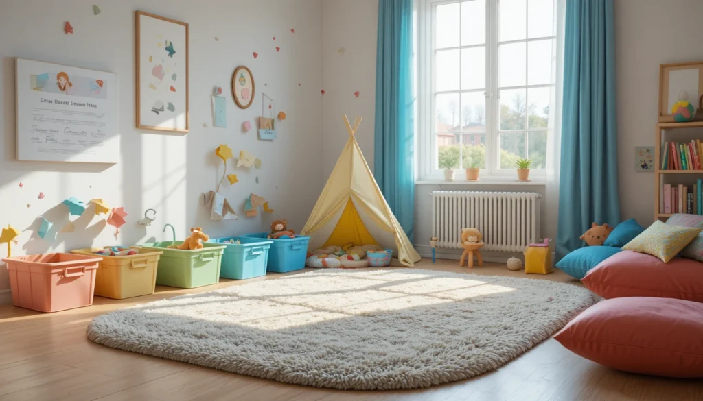 Kids’ play corner with mini tent, toys, and colorful rug.