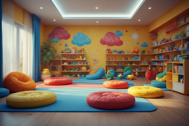 Floor Seating Ideas for a Cozy and Stylish Space 8 A colorful kids’ floor seating area with soft mats, bean bags, and bright decor.