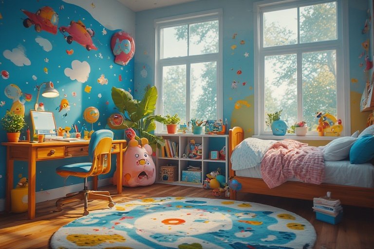 Bright and playful kids’ room with colorful wall art, cozy bed, wooden study desk, toys, and natural light.