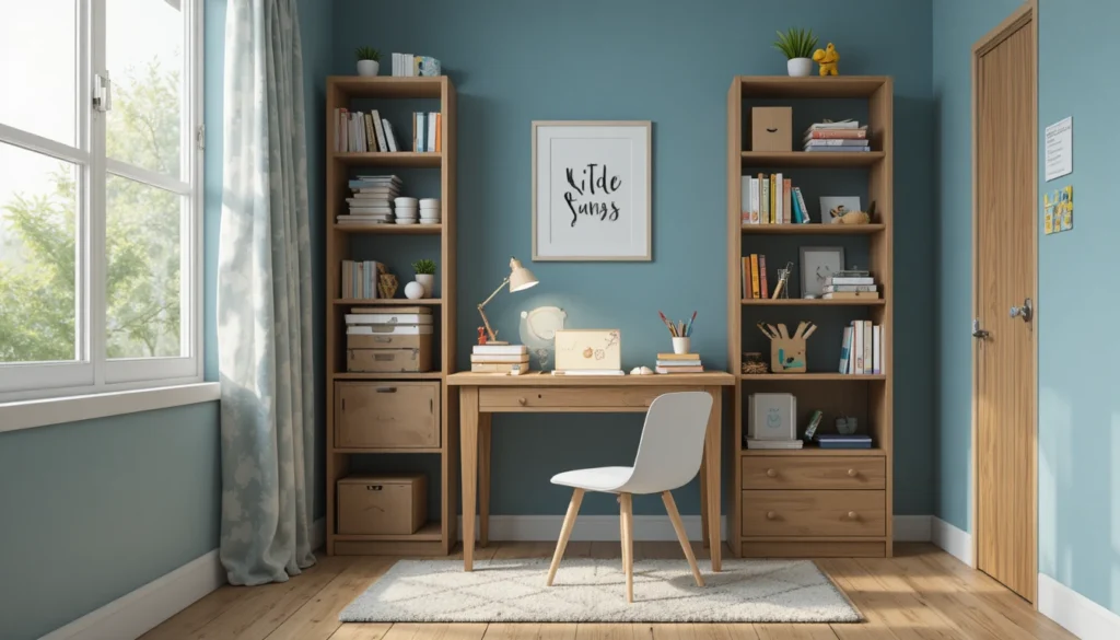 Kids’ study corner with desk, lamp, and bookshelf for organized learning.