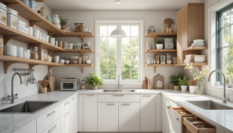 Organized modern kitchen with labeled containers, clean shelves, and functional layout for a beautiful home.