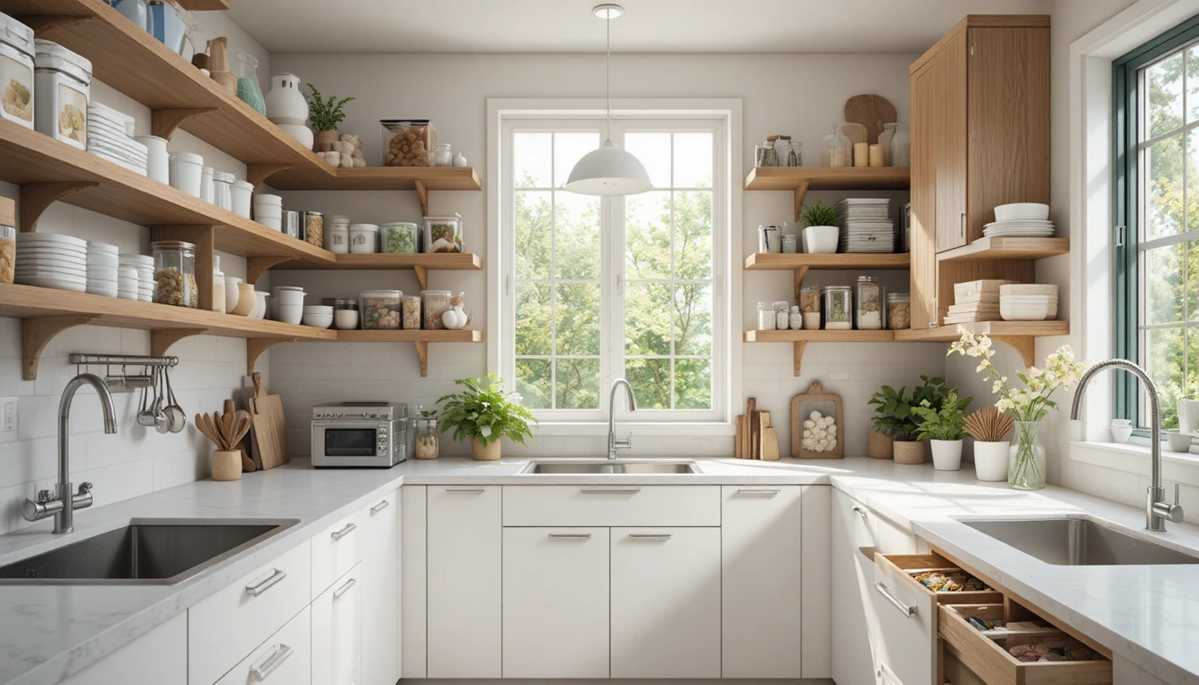 Organized modern kitchen with labeled containers, clean shelves, and functional layout for a beautiful home.
