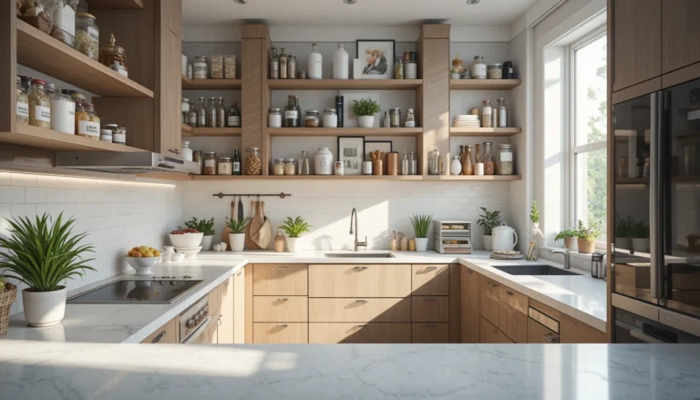 Modern organized kitchen with labeled containers, drawer dividers, and clean countertops for a beautiful and functional home.