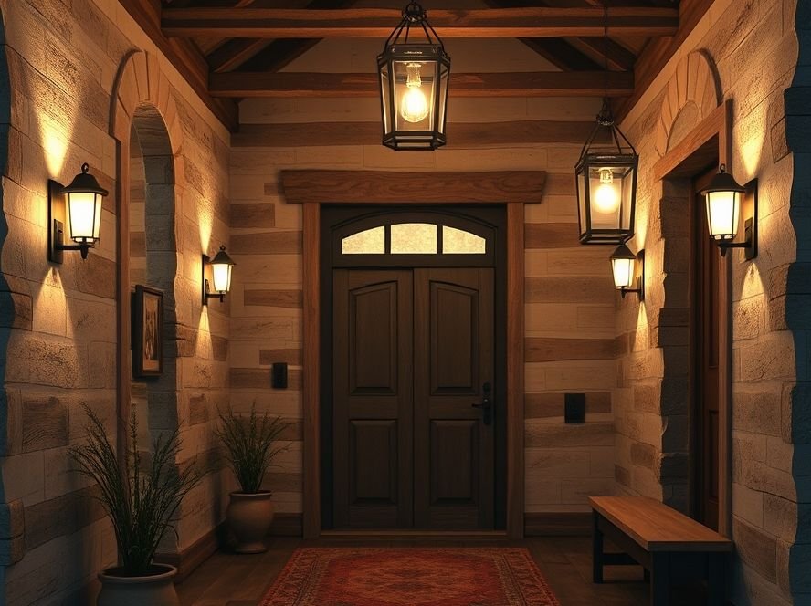Rustic Entryway Ideas: Transform Your Home’s First Impression 6 Rustic entryway with layered warm lighting and lantern-style fixtures.