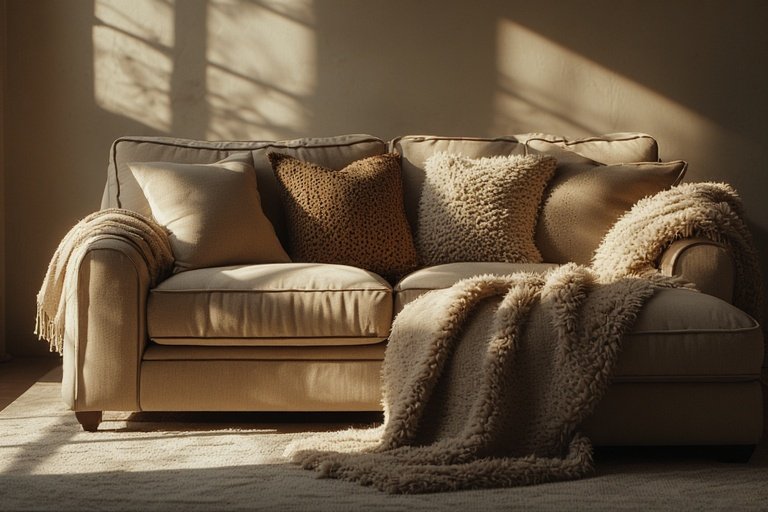 16 Affordable Cozy Home Decor for Modern Interiors 10 Cozy beige sofa with layered textiles including wool throws and cushions.