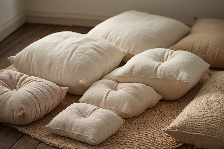 16 Stylish Ideas for Decorating with Comfy Floor Cushions 9 Layered neutral-toned floor cushions arranged for a cozy minimalist style.