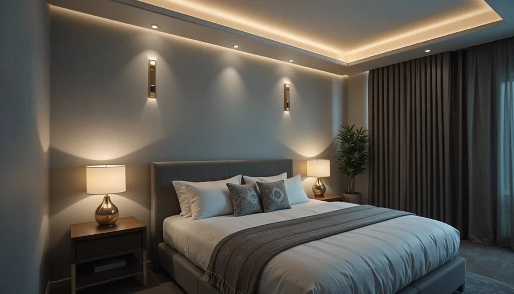 Modern Bedroom Ideas for a Dreamy Space 4 Bedroom illuminated by layered lighting — soft lamps and ceiling fixtures enhancing warmth and depth.