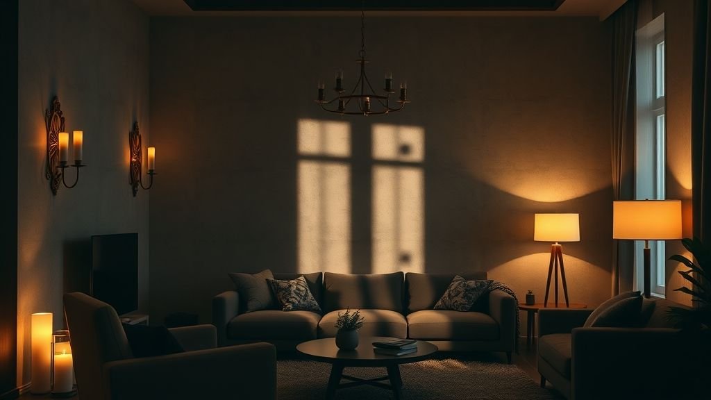 Cozy Home Interiors That Speak Emotion and Style 3 Living room with warm golden lighting, candles, and floor lamps creating soft layered shadows on textured walls.